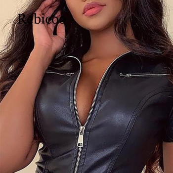 PU leather rompers womens jumpsuit Summer sashes zip up leather jumpsuits short Sexy black bodycon overalls Short jumpsuit